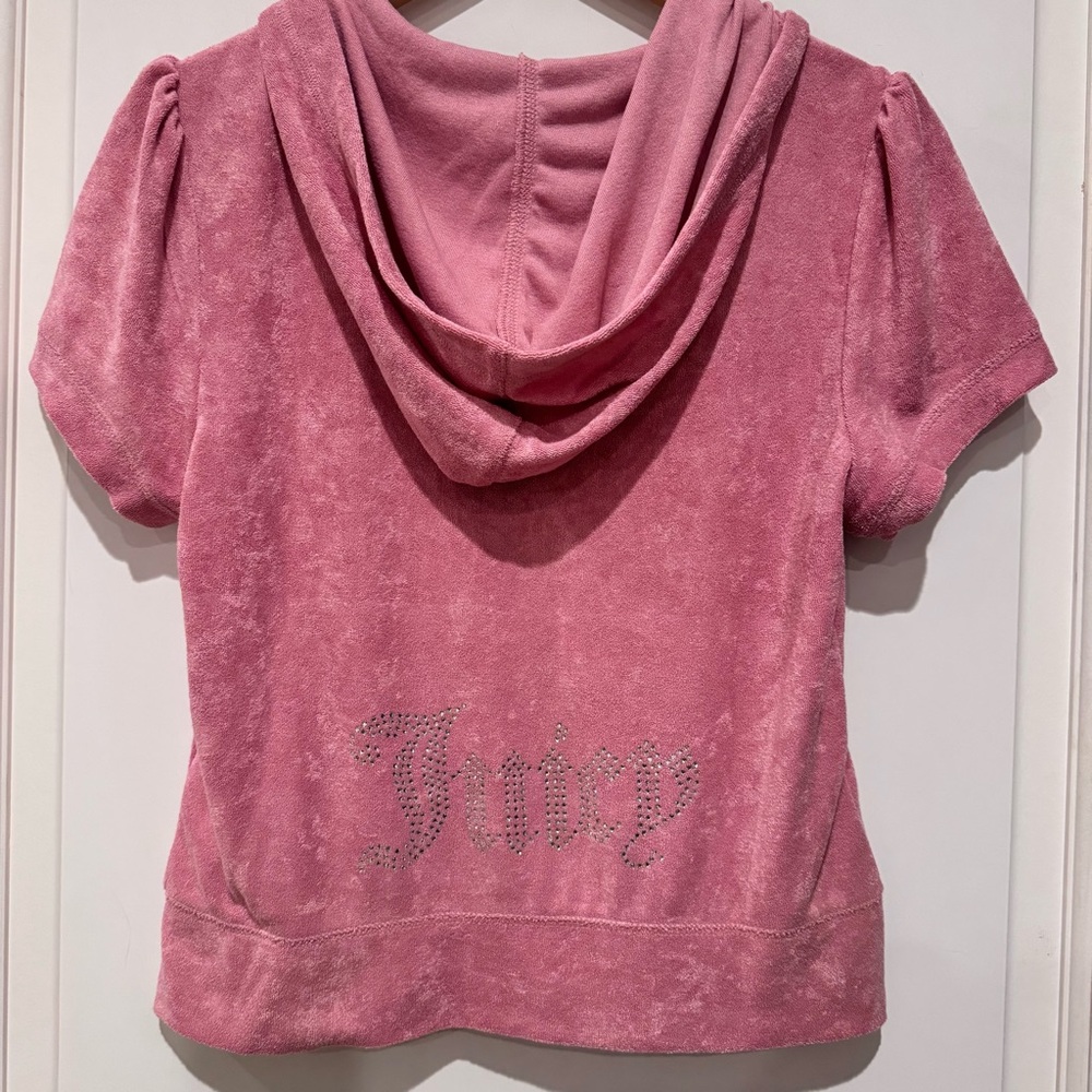 NEW Juicy Couture French Terry Short Sleeve Zip Front Hoodie Rhinestones Pink